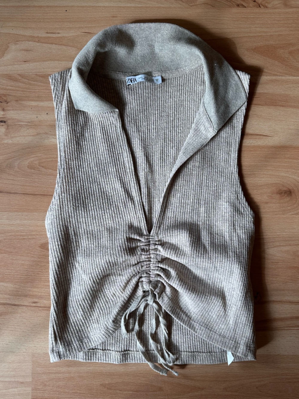 ZARA Neutral Beige Ribbed Drawstring Collared Tank
